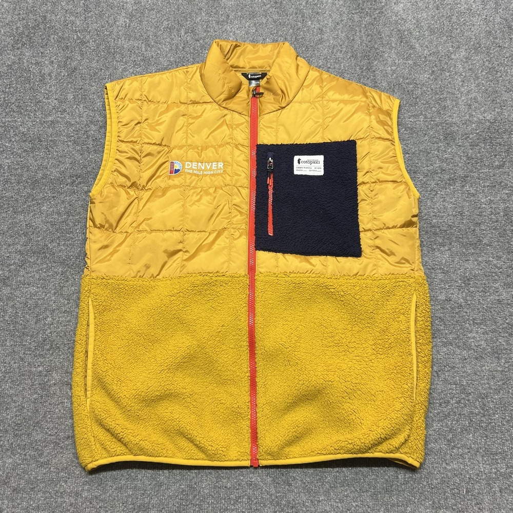 Cotopaxi Vest Mens Large Yellow Quilted Fleece Full Zip Denver Logo Outdoor
